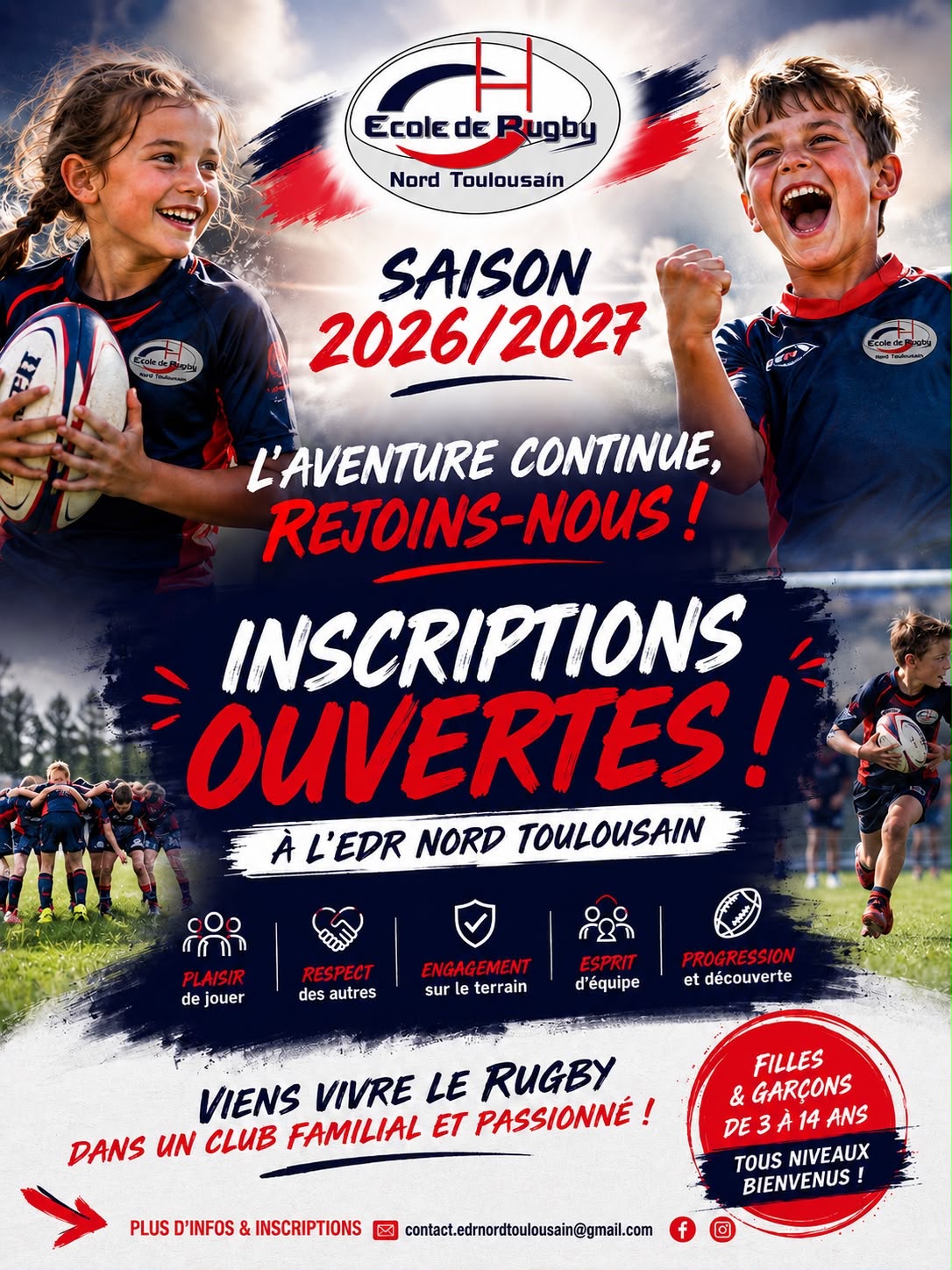 Affiche des inscriptions ouvertes à l’EDR Nord Toulousain pour la saison 2026-2027